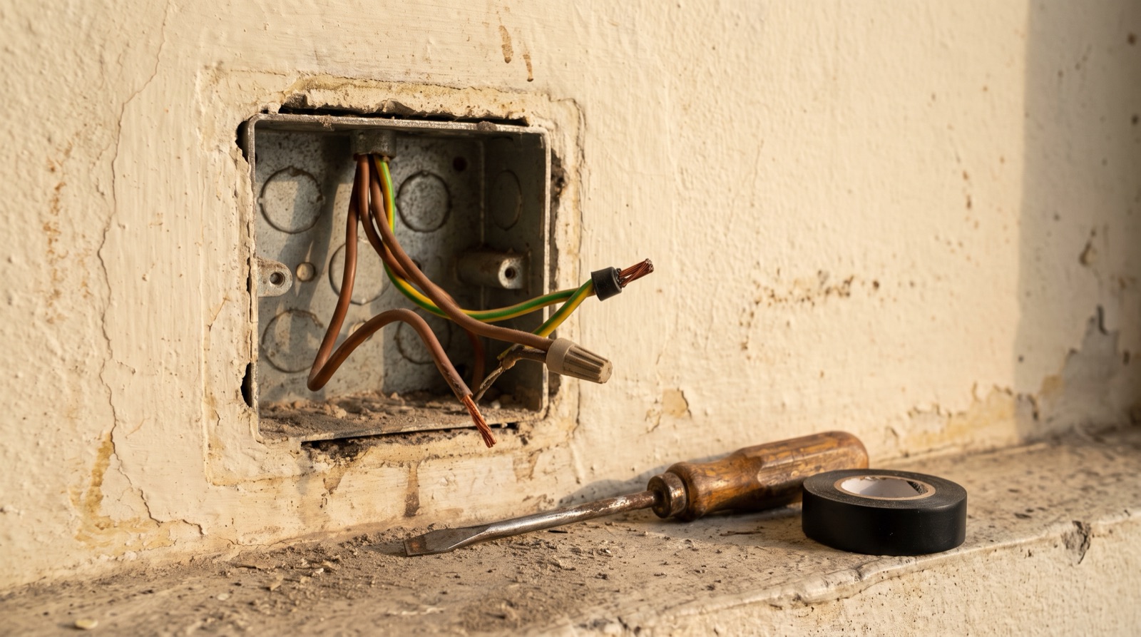 Open wall switch back box in a Malaysian home with a live and a switched live conductor but no neutral wire for a smart switch