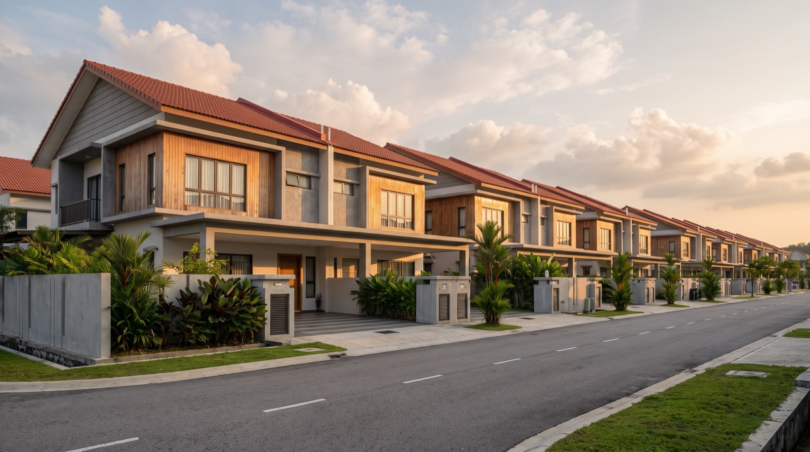 Row of Malaysian terrace houses with front carporches, a common house type for a smart home retrofit