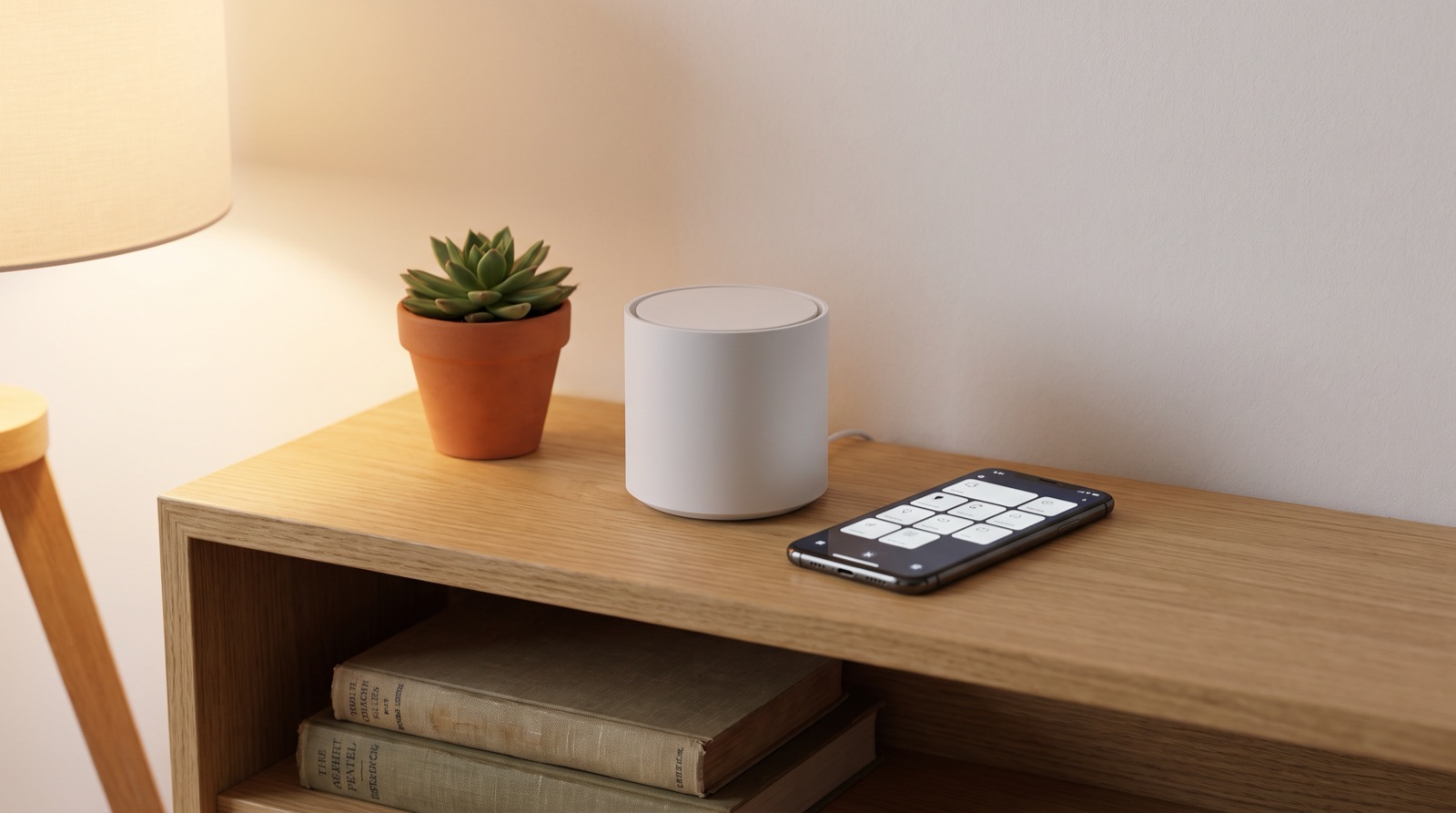 A white Zigbee smart home hub on an oak shelf beside a smartphone, illustrating how to choose between Zigbee, Wi-Fi and Matter