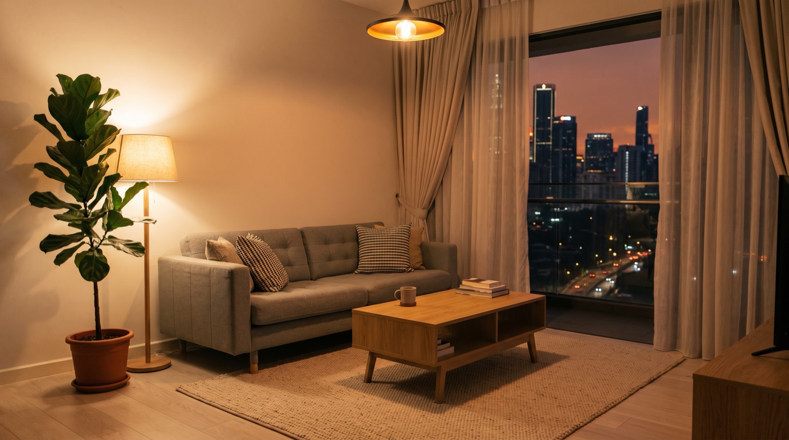 Modern Malaysian condominium living room with warm evening smart lighting and sheer curtains, the kind of space a smart home budget covers