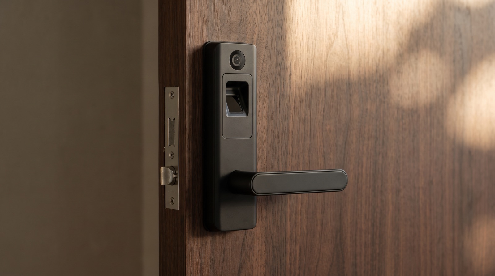 Smart door lock with a keypad fitted to a dark front door of a Malaysian home, the kind of lock this smart lock guide covers