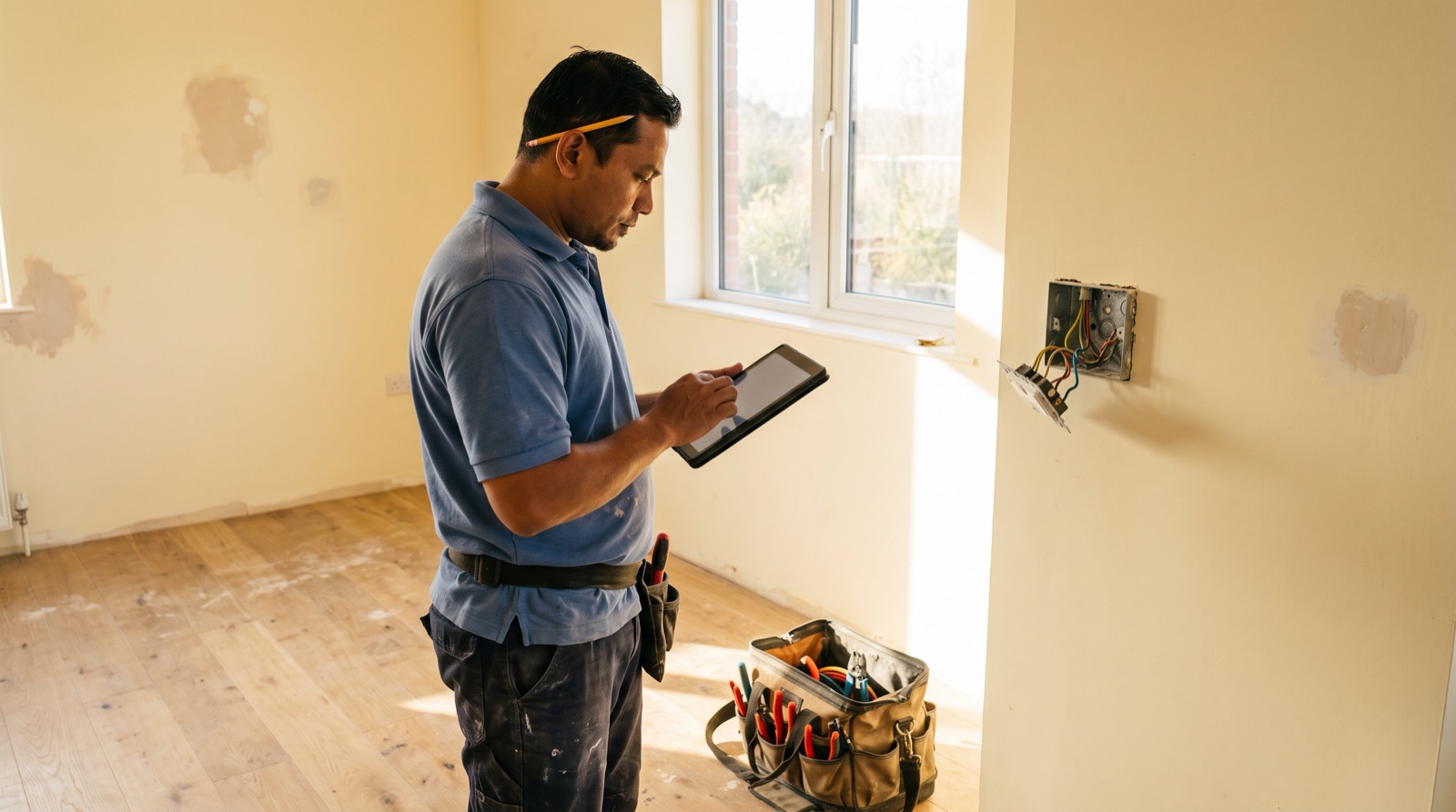Registered wireman recording neutral and back box findings on a tablet during a room-by-room smart home site survey in Malaysia
