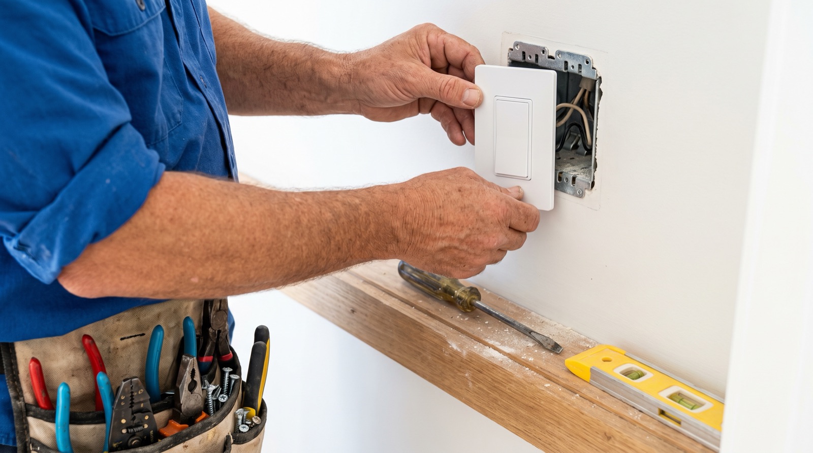 Registered wireman fitting an Aqara smart switch into a wall back box, the day-to-day work of an Aqara installer partner in Malaysia