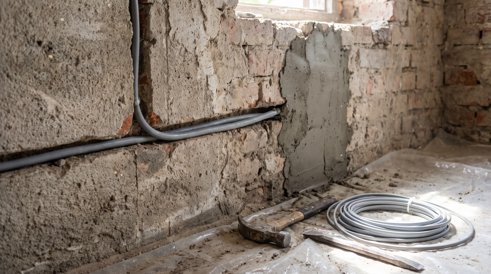 Wireman chasing a cable channel into a bare concrete wall in a Malaysian home to run a neutral for a smart switch