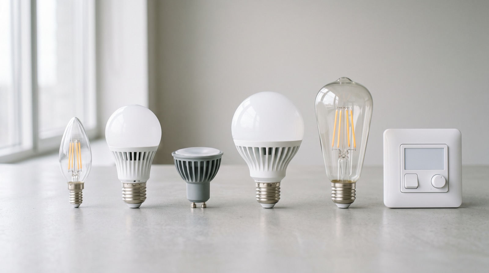 LED bulbs and drivers laid out beside a smart switch for an LED load and dimming compatibility check before installation