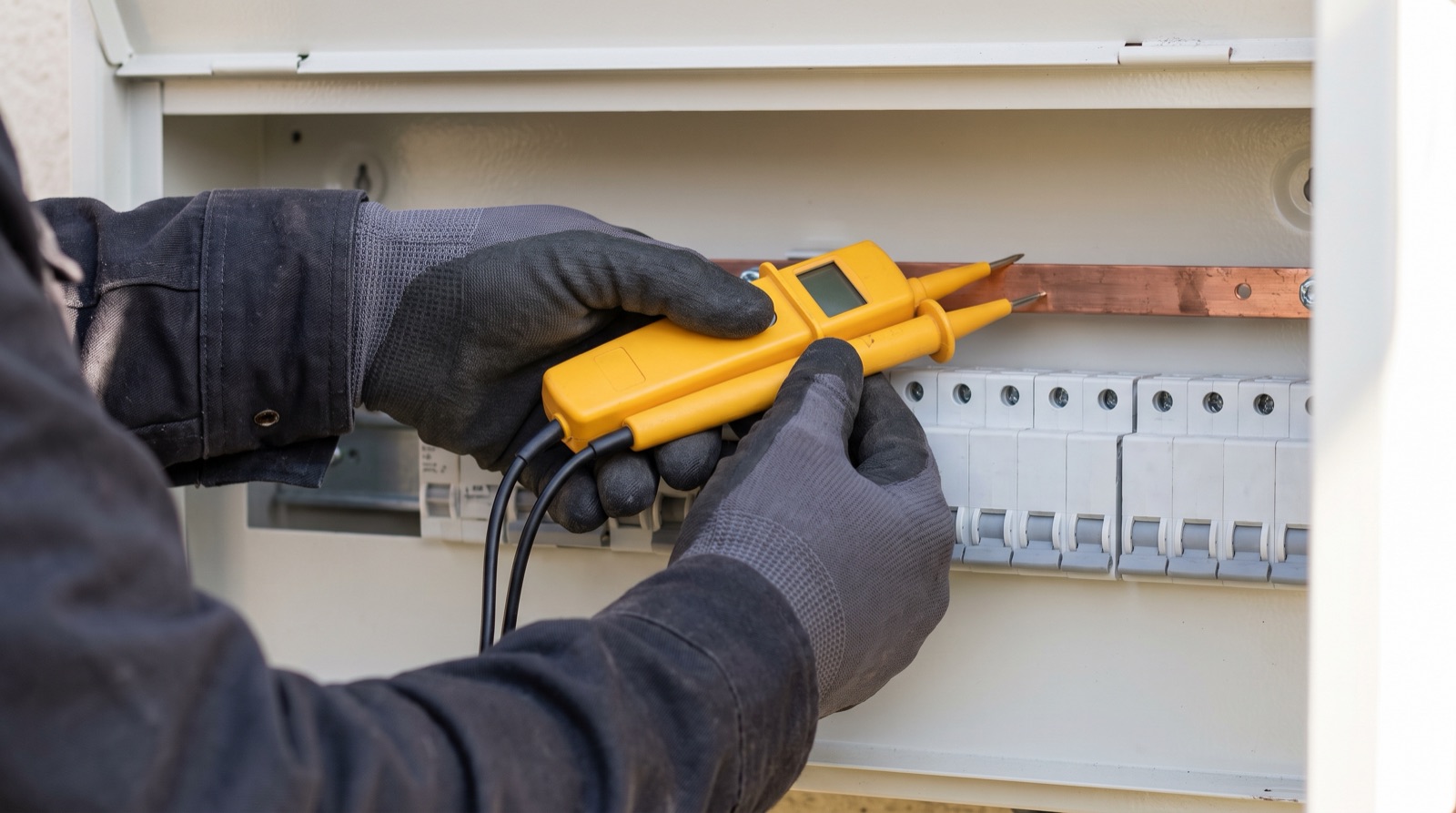 Registered wireman testing a consumer unit with a multimeter, part of SIRIM, Suruhanjaya Tenaga and PDPA compliance before a smart switch installation in Malaysia