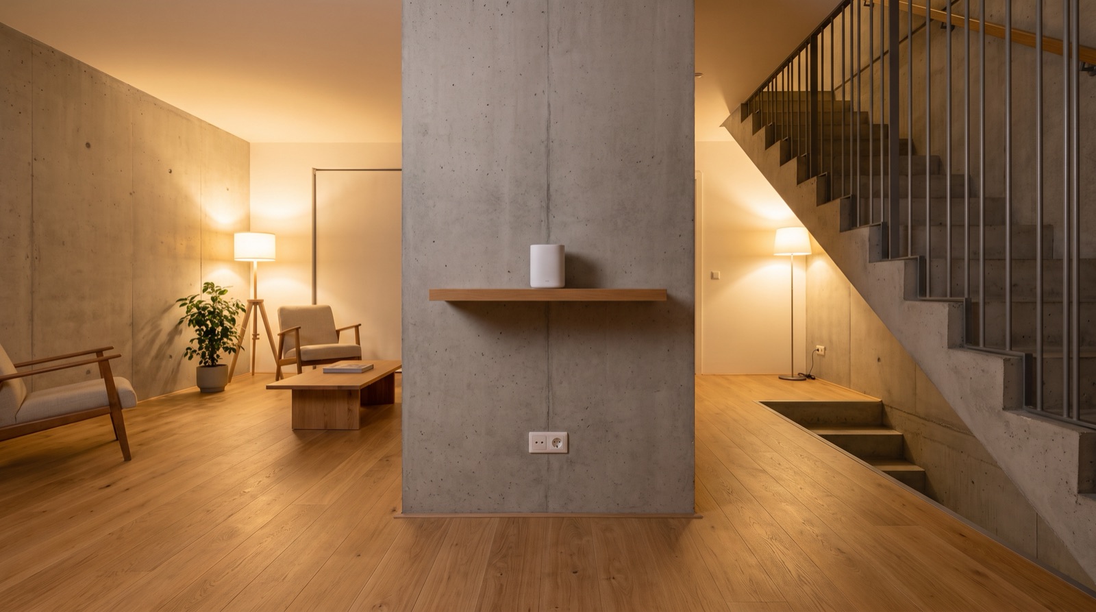Small white smart home hub mounted high on a central hallway wall in a Malaysian home, with its power cable running neatly down to a socket