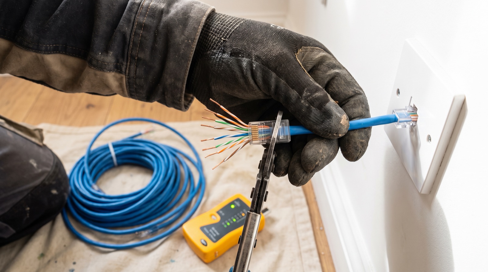 Unterminated Cat6 network cables being dressed into a wall box during a Malaysian home renovation, with the wall still open
