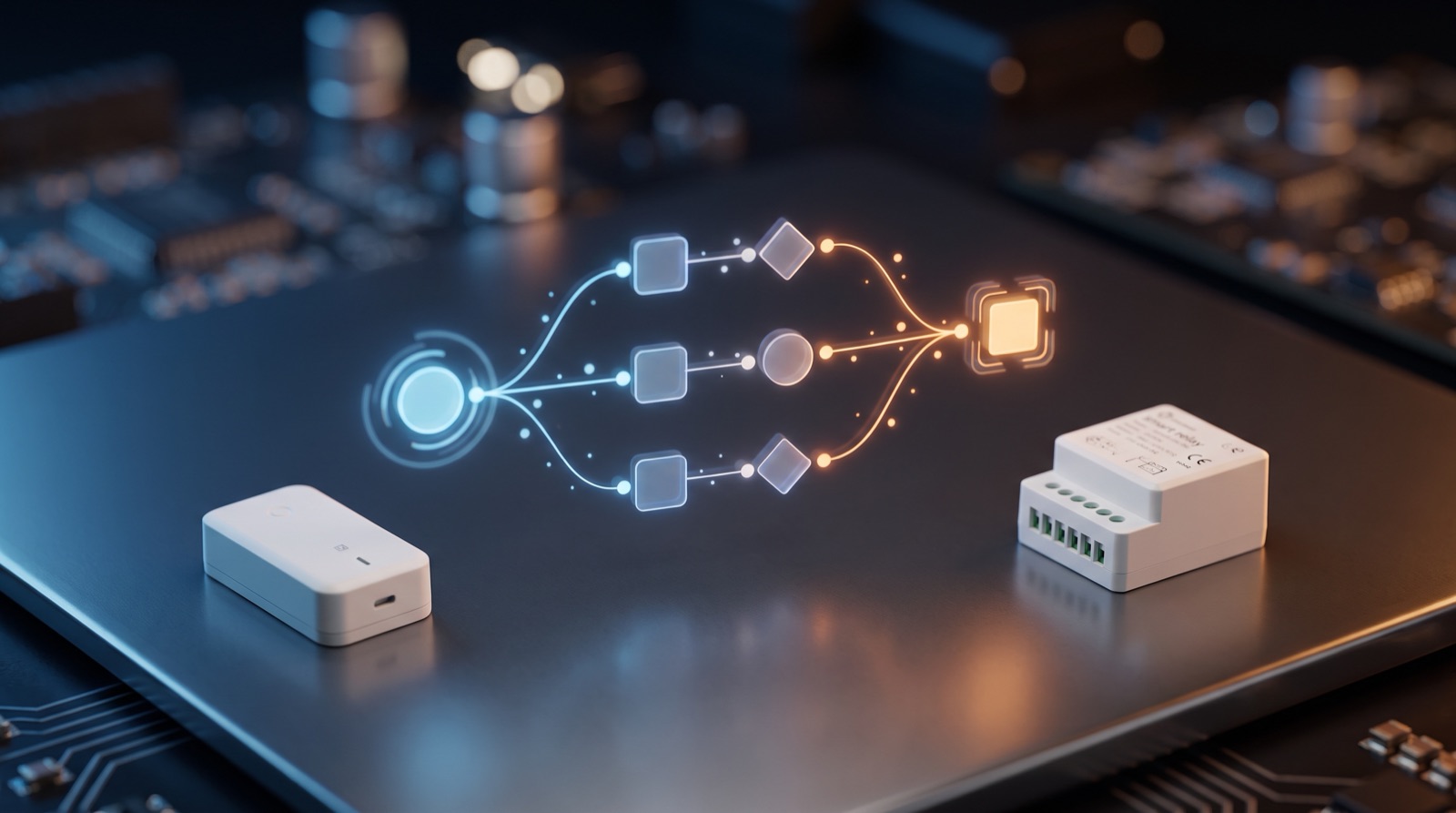 Rajah logik di atas pelan lantai rumah, dengan syarat pencetus bercabang kepada tindakan bermasa merentasi beberapa bilik