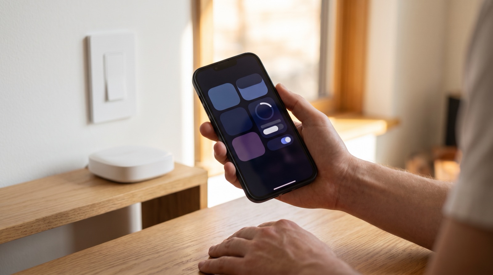 Tangan memegang telefon yang menjalankan aplikasi Aqara Home, dengan hab, penderia gerakan dan mentol pintar di atas meja di sebuah flat di Malaysia