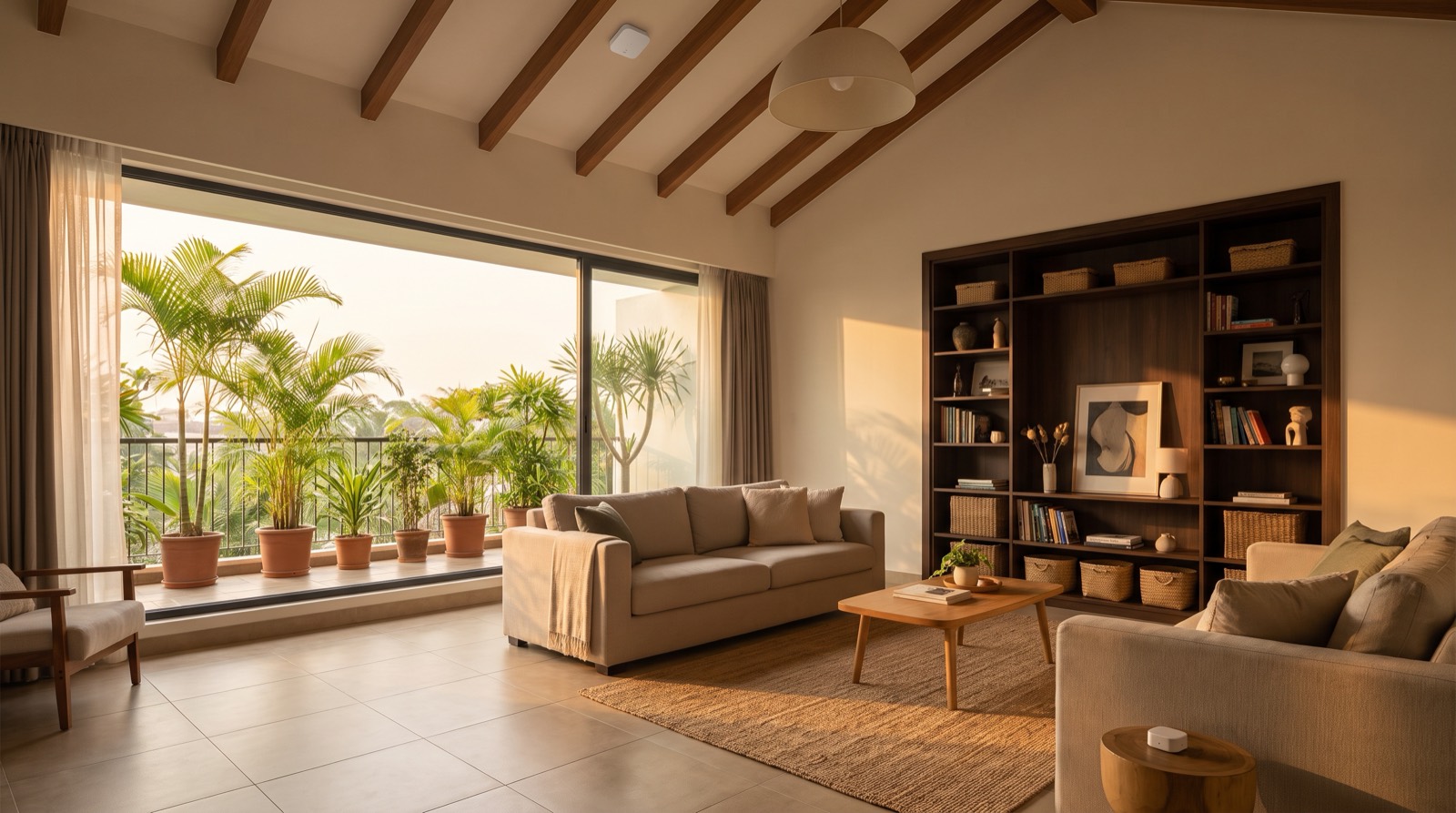 A wide living room in a Malaysian landed house at dusk, ceiling lights already on above an empty sofa while the curtains stay half drawn, a room responding to whether anyone is actually in it rather than to a fixed timer