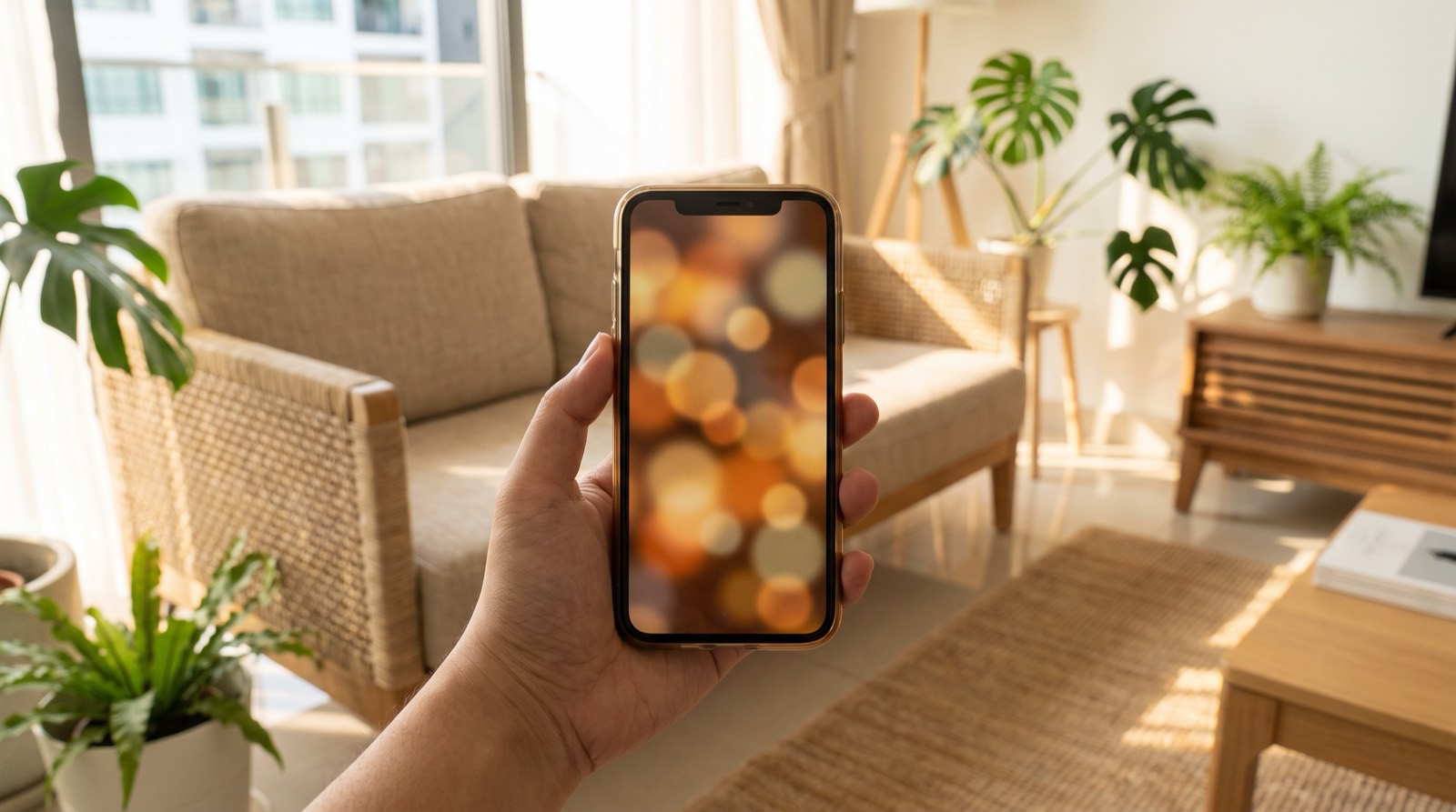 A hand resting on a phone beside a mug at a kitchen table in a Malaysian home, the screen showing a plain list of household devices, the everyday view someone is actually deciding from when they compare the two apps