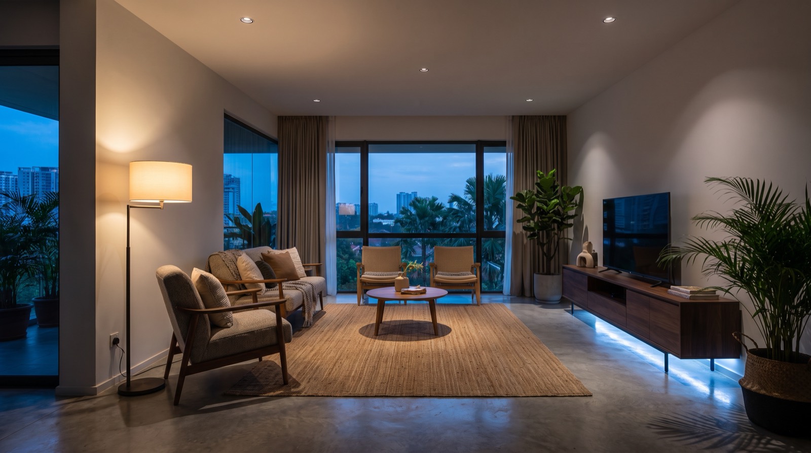 A slim white floor lamp standing beside a low-profile recessed downlight in the living room of a Malaysian landed house at dusk, both glowing warm white