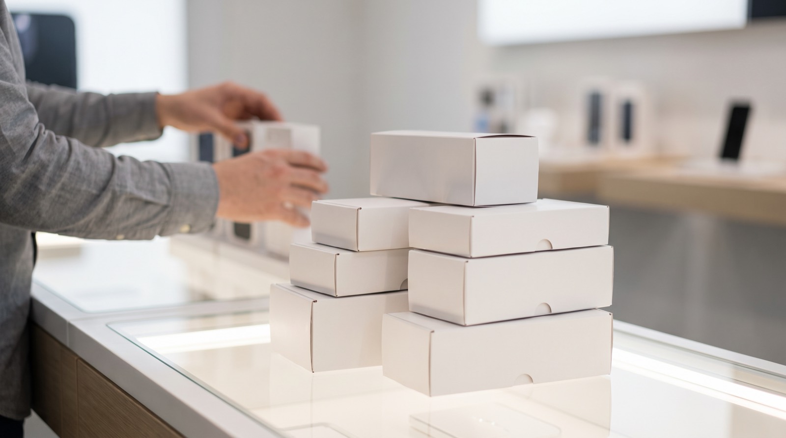 一叠素白的 Aqara 产品盒放在马来西亚商店的木质柜台上，俯拍，画面中没有任何可见品牌标识