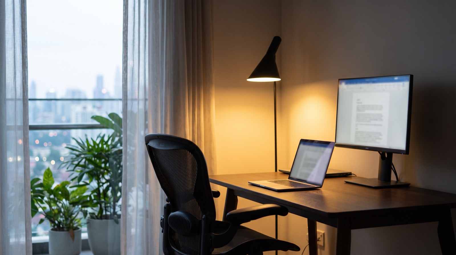 Pejabat rumah yang padat di dalam kondominium Malaysia pada waktu pagi, meja diletakkan menghadap tingkap dengan lampu downlight putih nipis di atas dan lampu lantai di sebelah kerusi, dirakam untuk menunjukkan bagaimana cahaya siang dan cahaya buatan bertemu di permukaan meja