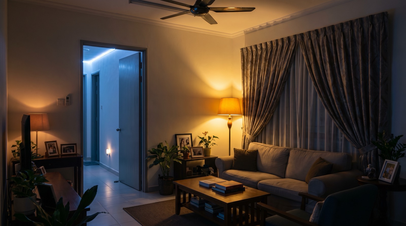 A dim living room at dusk in a Malaysian home with warm light washing a tiled floor and ceiling cove lighting in a cooler tone, showing two different colour temperatures in the same space