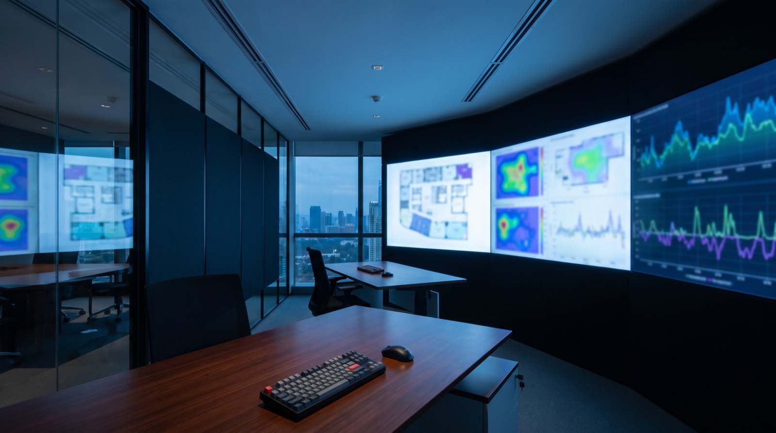 A dim office at dusk where a long wall of large display panels shows building floor plans, colour occupancy heat maps and time-series graphs, reflected in a glass partition beside a wooden desk with a city skyline through the windows