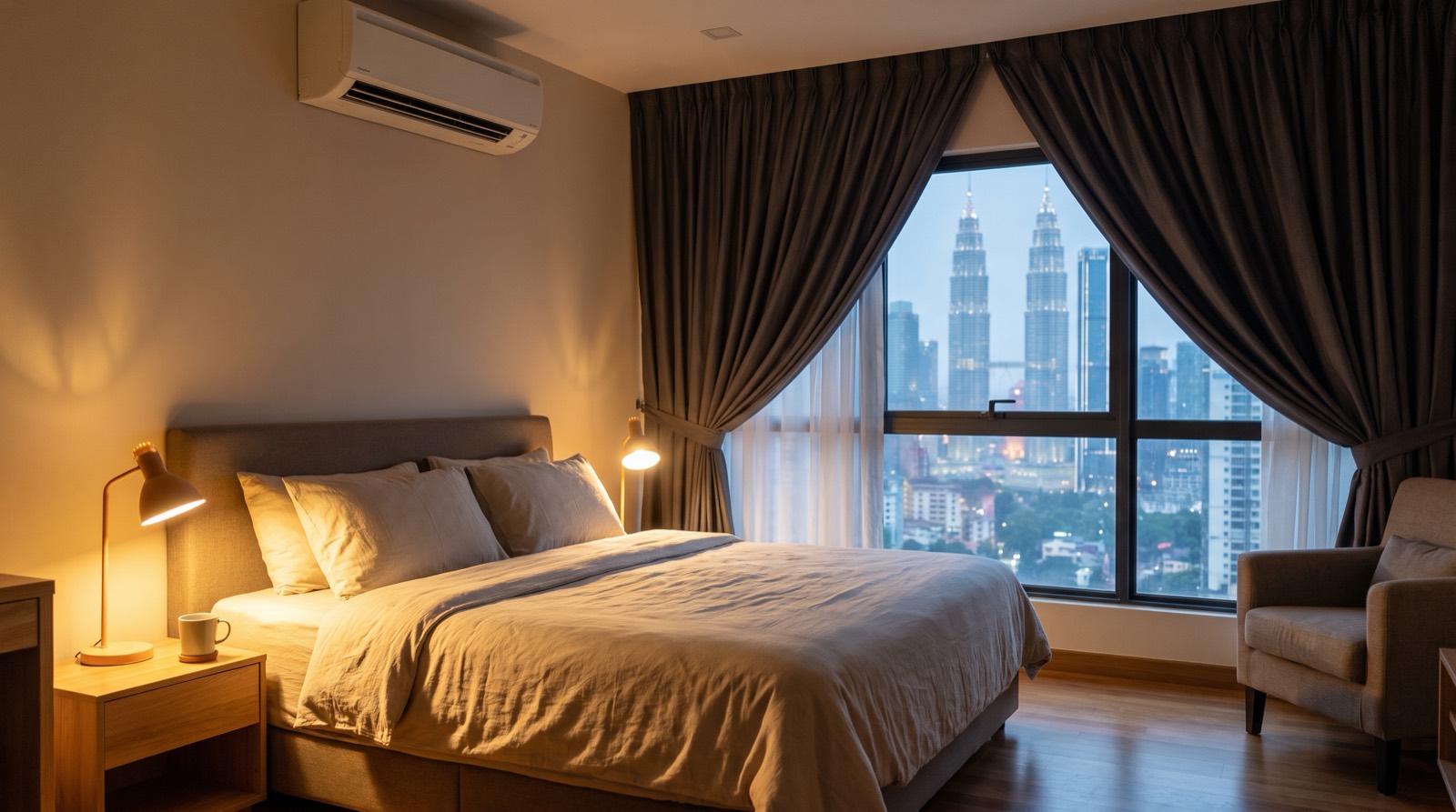 A hotel guest room at dusk with a made bed, lit wall reading lamps, a split air-conditioner mounted above the headboard and heavy curtains drawn open either side of a window looking out over city towers at blue hour