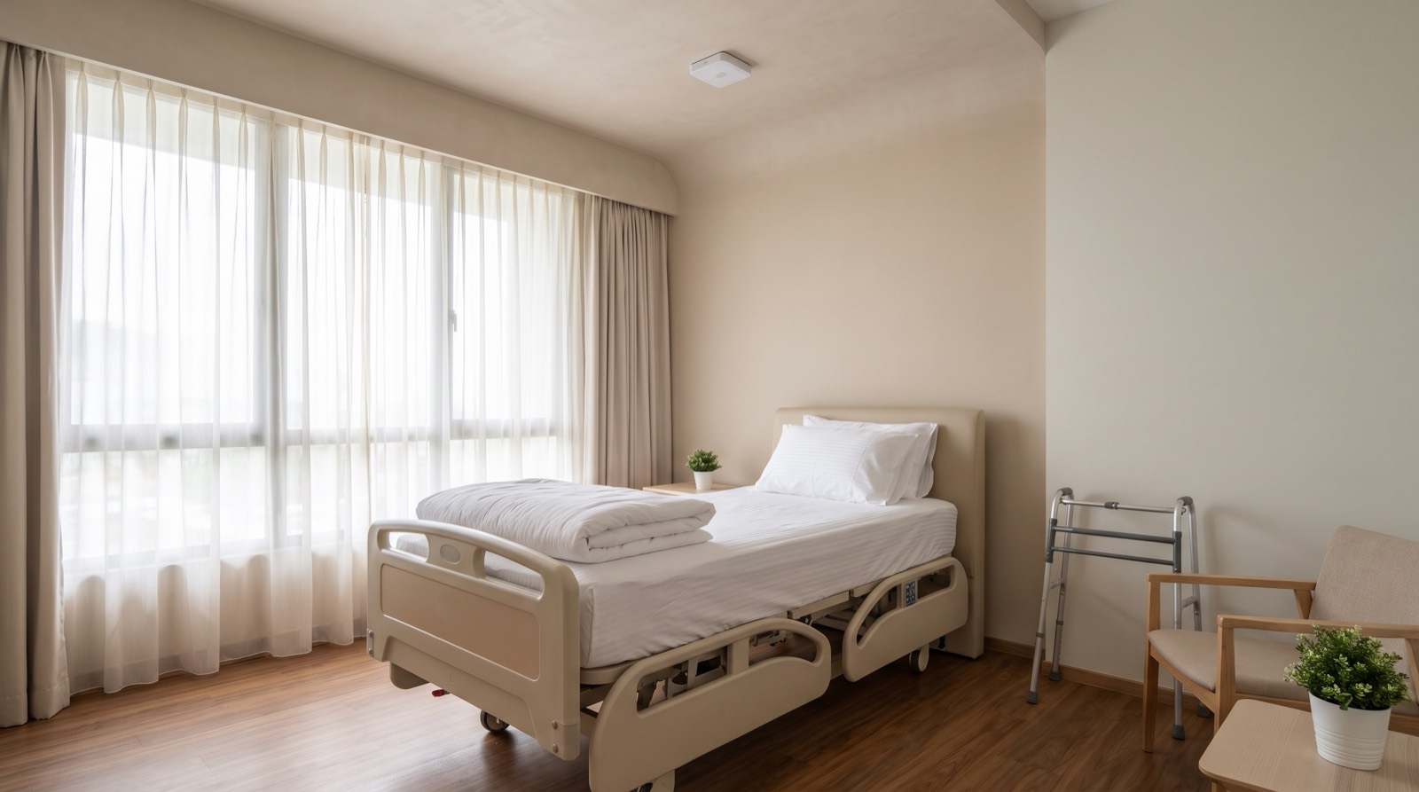 A quiet senior living room with an adjustable hospital bed and side rails, a walking frame and armchair beside a large window with sheer curtains, and a small square white sensor mounted on the ceiling directly above the bed