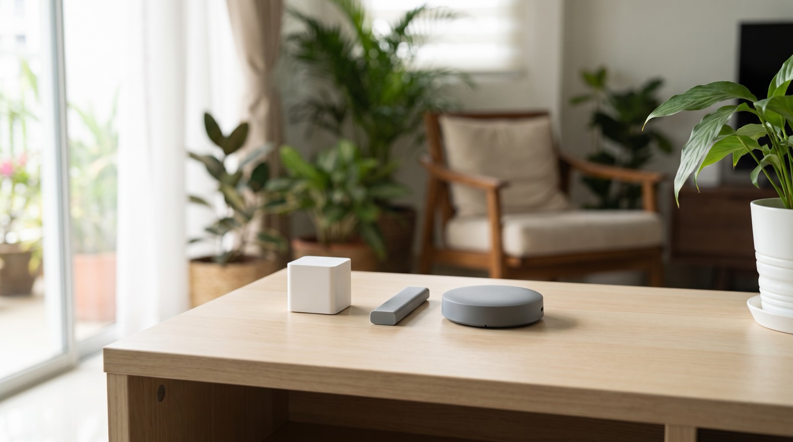 Three small hubs of clearly different sizes and shapes — a square unit, a slim low-profile bar and a shallow disc — resting in a row on a wooden console table in a Malaysian living room, photographed together to show that Aqara's hub range spans very different physical sizes, roles and radio configurations