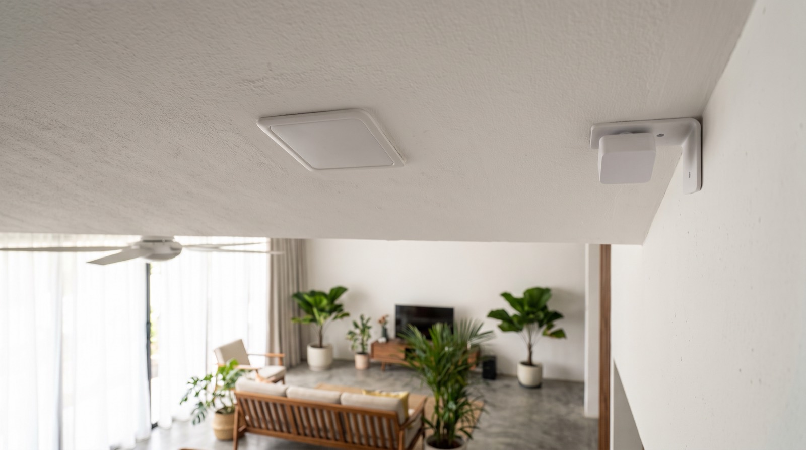 Two small white square sensors of the same footprint sitting side by side on a painted hallway wall in a Malaysian home, photographed together at a similar mounting height so the reader can see that the presence sensors in this range look physically alike while differing in how they are powered and mounted