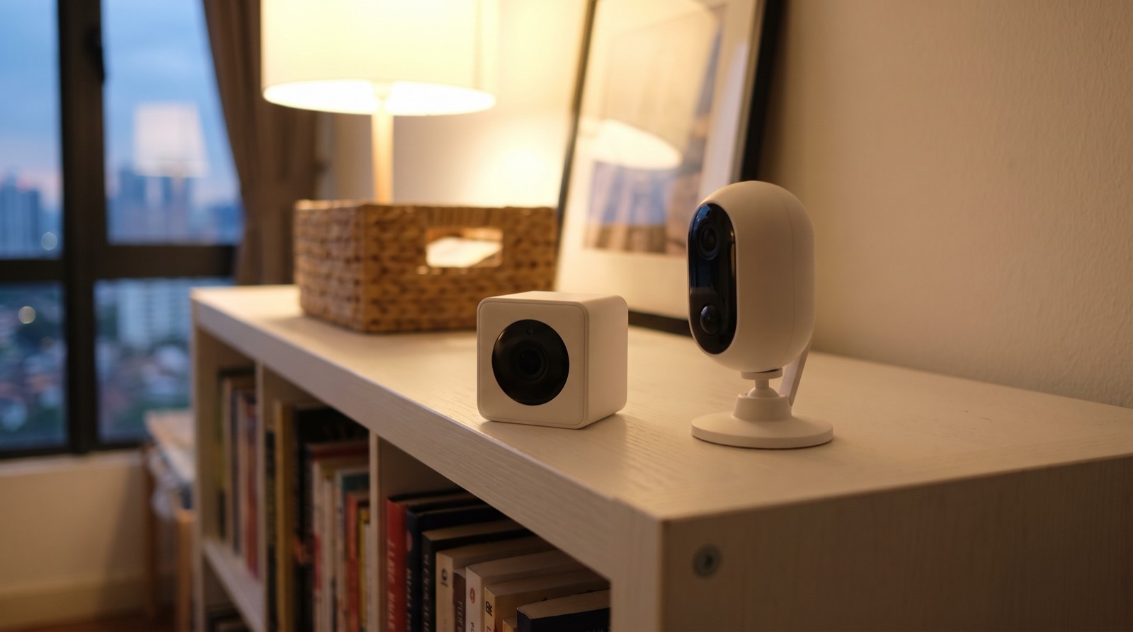 Two small unbranded indoor cameras of slightly different sizes sitting side by side on a wooden console table against a plastered wall in a Malaysian living room, one connected by a single cable to a low-profile hub beside it, showing that one of them doubles as a hub and the other does not