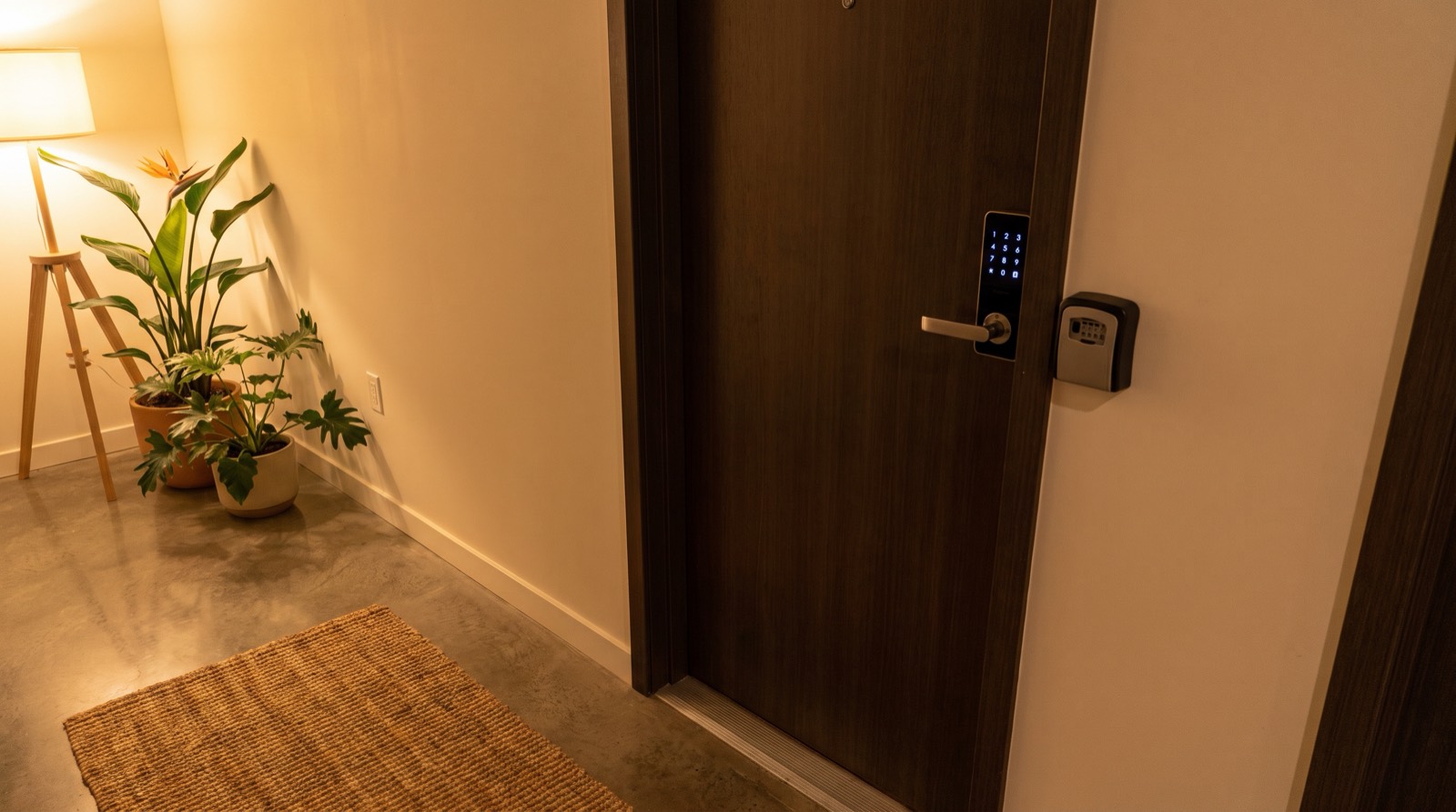 Pintu berkeypad berlampu belakang sebuah apartmen sewaan jangka pendek tingkat bawah pada waktu senja di jalan kediaman Malaysia, sebuah beg pakaian diletakkan di sebelah bingkai dan tiada sesiapa hadir — pintu masuk yang kosong itulah produknya, kerana daftar masuk sendiri bermakna tiba di pintu berkunci seorang diri