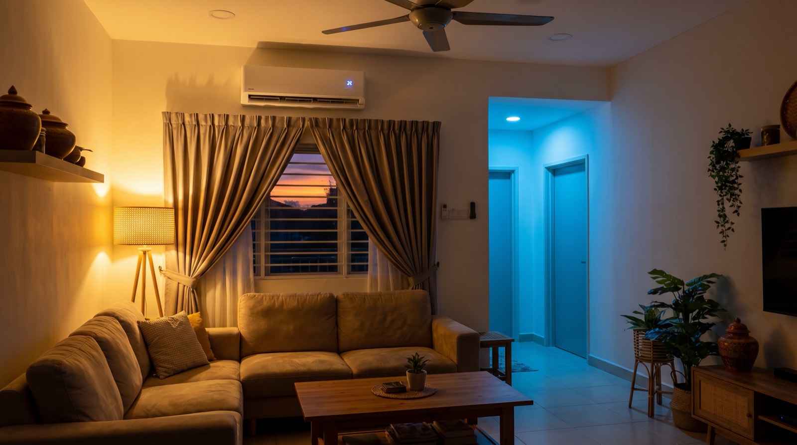 A lived-in Malaysian living room in late afternoon light with the curtains half drawn against the low sun, a ceiling fan turning, and a wall switch untouched — the house responding to the hour and the weather rather than to anyone standing at the panel