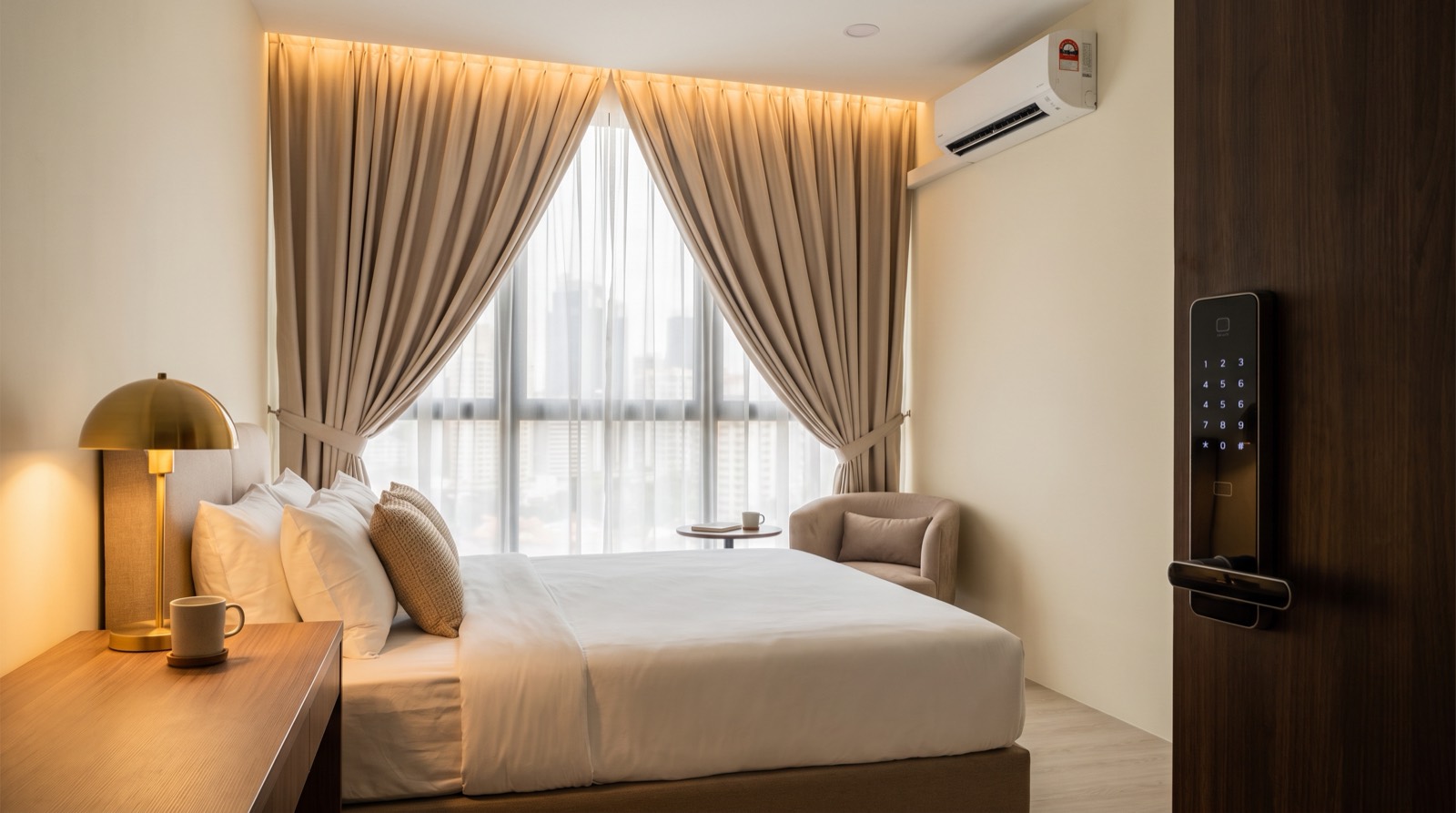 Bilik tetamu hotel pada waktu senja: langsir bermotor disingkap pada landasan siling tersembunyi, dengan lapisan langsir nipis di belakangnya, tingkap tingkat tinggi menghadap bandar yang berkabus, penghawa dingin jenis split di bahagian atas dinding kanan dan kunci pintu berpapan kekunci pada pintu kayu di latar hadapan — tiga peranti yang benar-benar dipilih hotel di Malaysia, dalam bilik tempat ia akan dipasang.