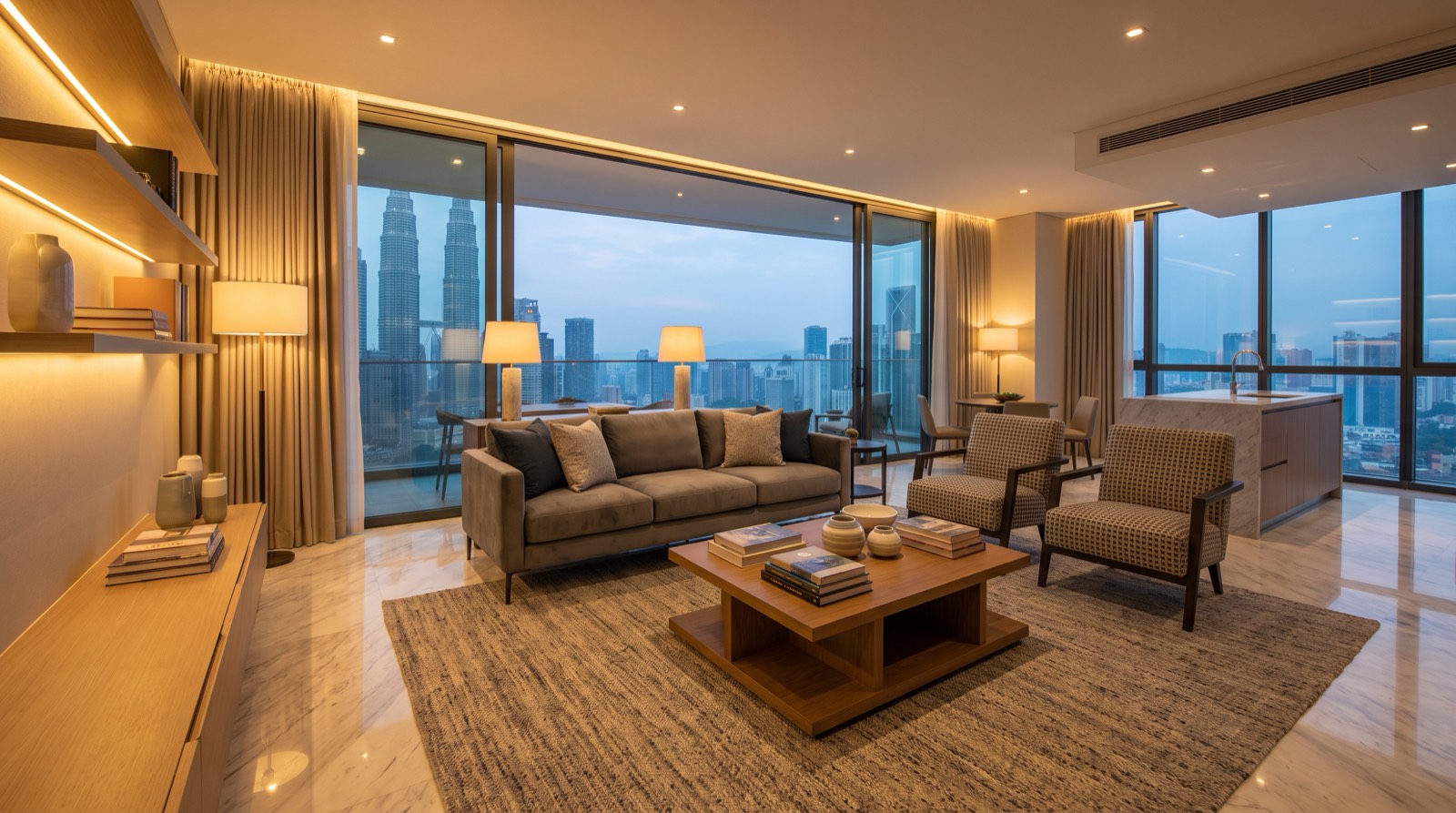 A furnished high-rise show unit living room at dusk — sliding glass doors open onto a balcony above a city skyline, warm cove lighting and a lit ceiling cassette, a sofa and two accent chairs arranged around a low coffee table, and a display-ready interior that reads as staged for a viewing rather than lived in