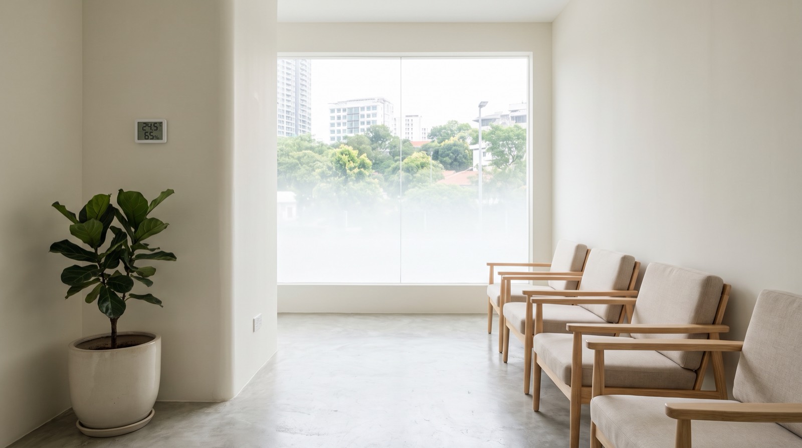 Bilik menunggu klinik pada waktu siang — sebaris kerusi berlengan berbingkai kayu oak cerah dengan tempat duduk berlapik warna beige di sepanjang dinding kanan, lantai konkrit digilap, dinding warna krim dan tingkap besar menghadap pucuk pokok serta pemandangan bandar rendah Malaysia, dengan paparan digital kecil di dinding pada tiang kiri yang menunjukkan 24.5 darjah dan kelembapan 65 peratus, jenis bacaan yang dipantau oleh klinik tetapi tidak sepatutnya perlu berjalan untuk menyemaknya